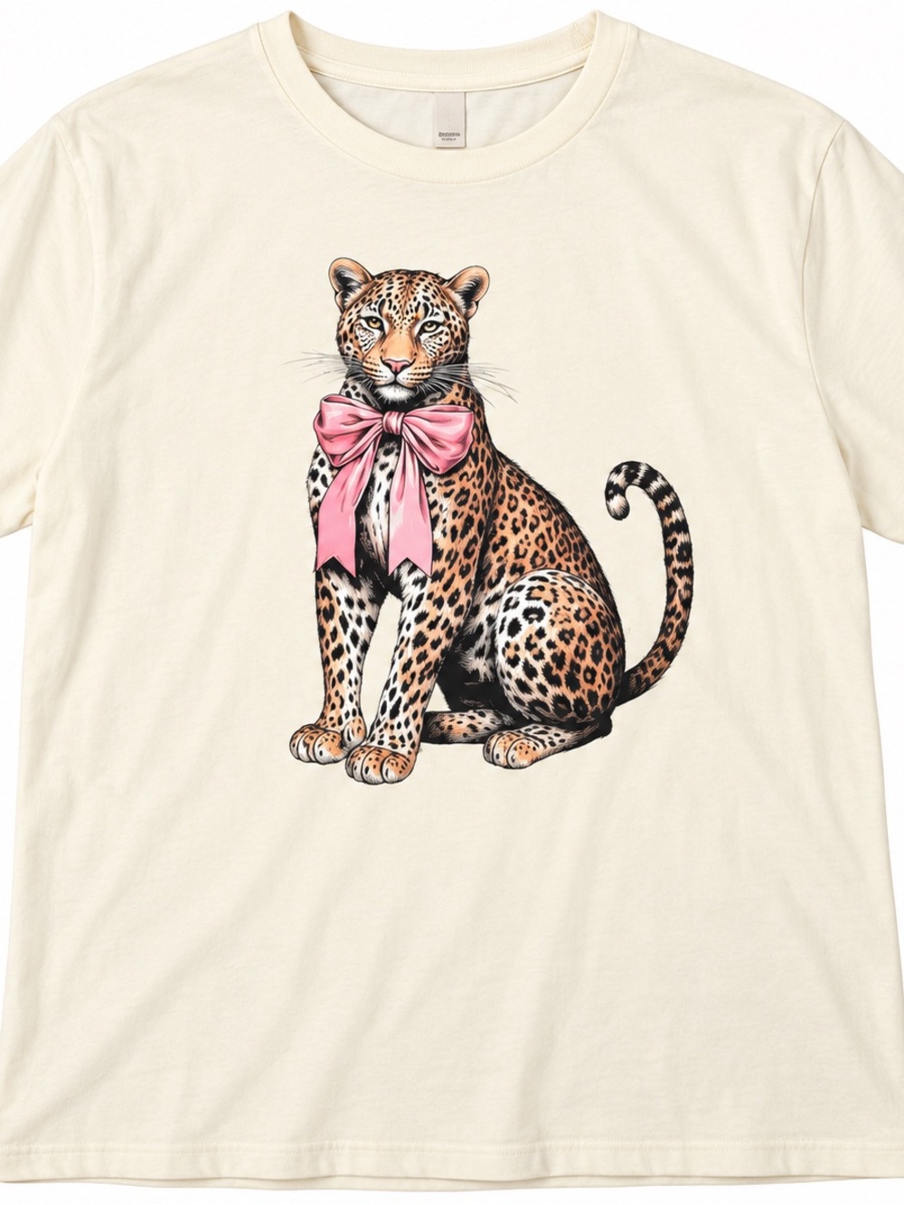 Cream Kids' Graphic Tee with Leopard and Pink Bow